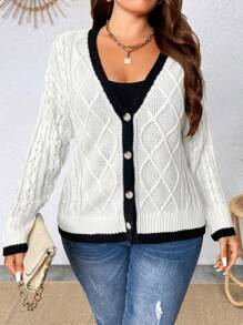 SHEIN Clasi 大码女式性感拼色长袖休闲针织开衫，秋冬款 - 白色 - 查看 4