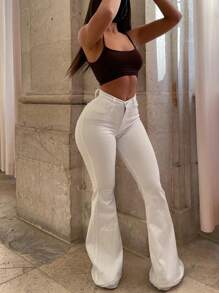 Plain Front Button Pocket Simple Fitted Flare Leg Pants, Casual For Everyday Wear - White - View 1