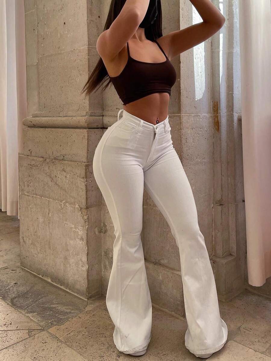 Plain Front Button Pocket Simple Fitted Flare Leg Pants, Casual For Everyday Wear - White - View 1