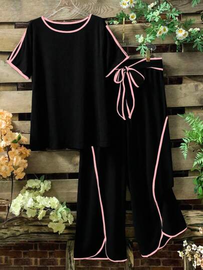 Linhara CURVE 2 件大码女式夏季船领露肩短袖休闲上衣和裤子套装