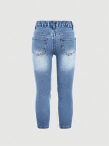 SHEIN Young Girl Casual Mid-Rise Butterfly Printed Leggings Jeans Summer Outfits Back To School Clothes - Light Wash - View 4