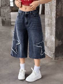 SHEIN Pantalones capri de mezclilla de ajuste holgado con aplicaciones de estrella de cinco puntas en colores neutros, estilo callejero vintage Y2K para niñas adolescentes - Azul lavado oscuro - Ver 7