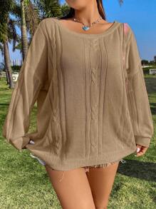 Flirla 大码纯色圆领长袖套头衫 - 卡其色 - 查看 7