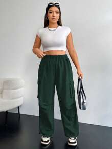 Flirla Quần túi hộp kiểu Mỹ cổ điển màu trơn cỡ lớn cho nữ - Màu xanh lá cây đậm - Xem 6