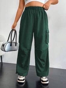 Flirla Quần túi hộp kiểu Mỹ cổ điển màu trơn cỡ lớn cho nữ - Màu xanh lá cây đậm - Xem 7