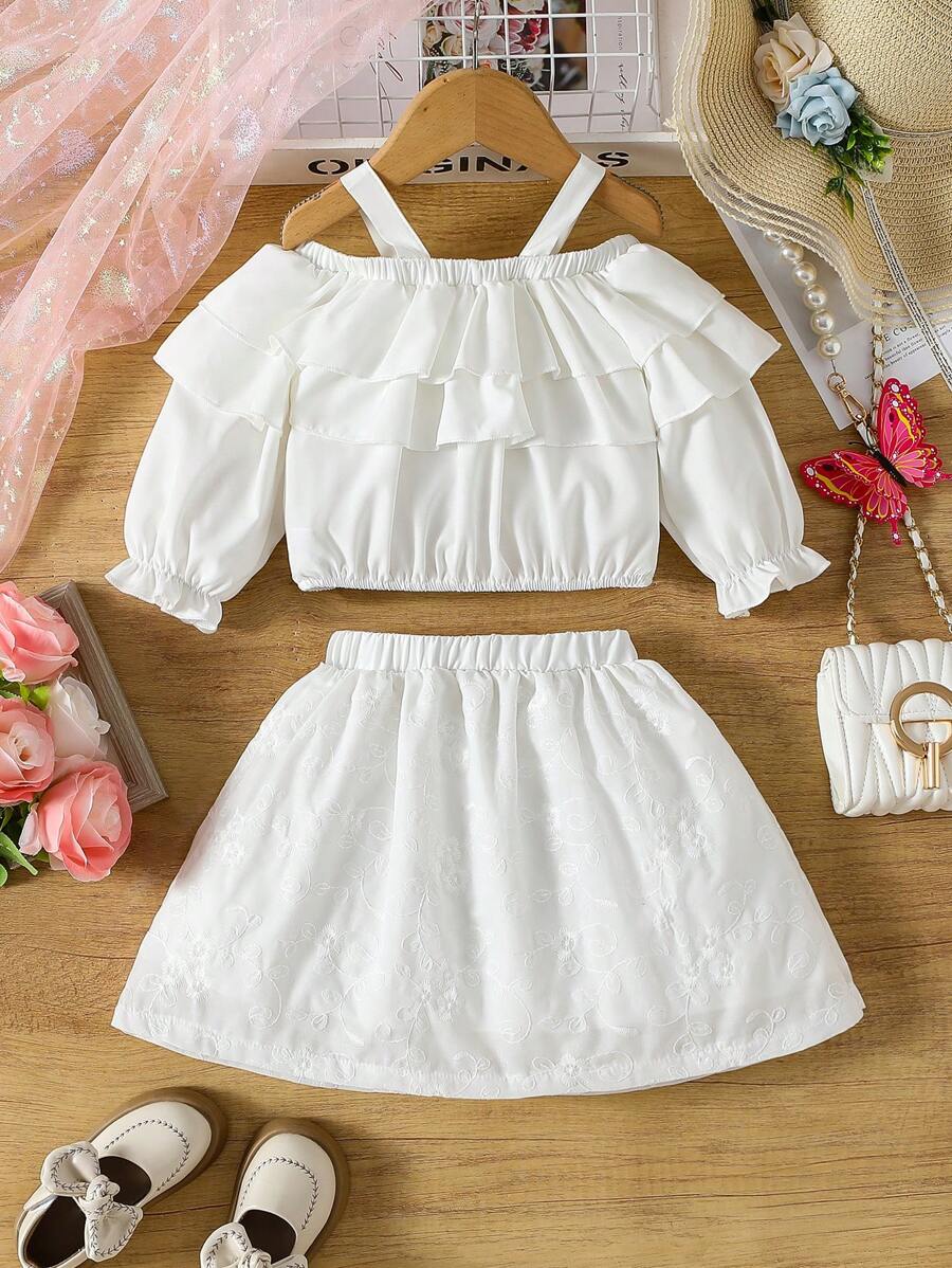 Baby Girls' Long Sleeve Ruched Camisole Top With Ruched Cuffs & Embroidered Long Skirt, Stylish Outfit - White - View 1