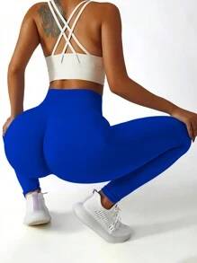 SHEIN Core Rhythm High Waisted Seamless Compression Legging For Women - Tummy Control Resilient Soft Touch Quick-Drying Breathable 4-Way Stretch Butt Lifting For Hiking Workout Running Cycling Yoga Pickleball Exercise Casual - Blue - View 2