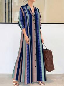 EMERY ROSE Women's Contrast Stripe Print Button Front Innovative Dress Maxi Women Outfit - Multicolor - View 1