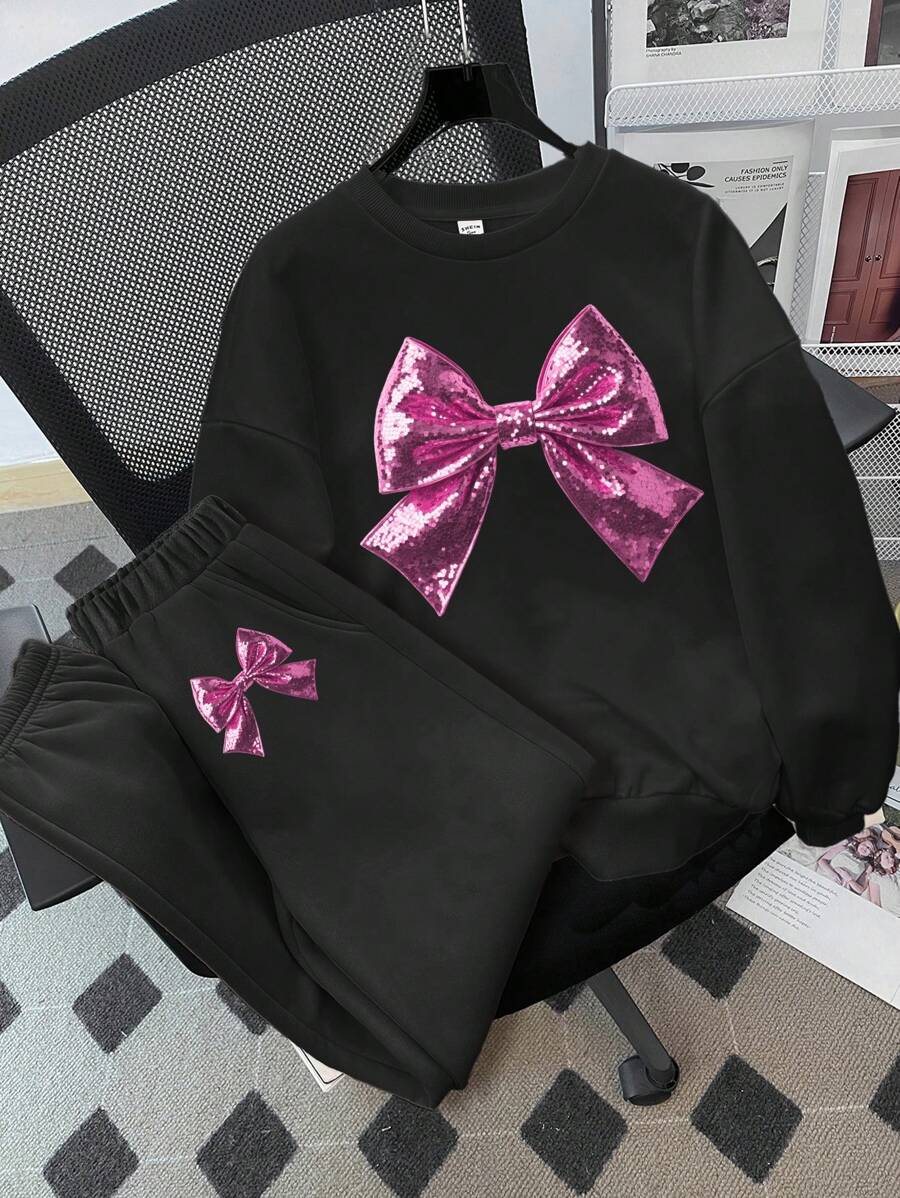 SHEIN Leap Crew 2 件套 Tween Girl 休闲简约蝴蝶结印花黑色超大长袖运动衫和裤子套装，秋冬 - 黑色 - 查看 1