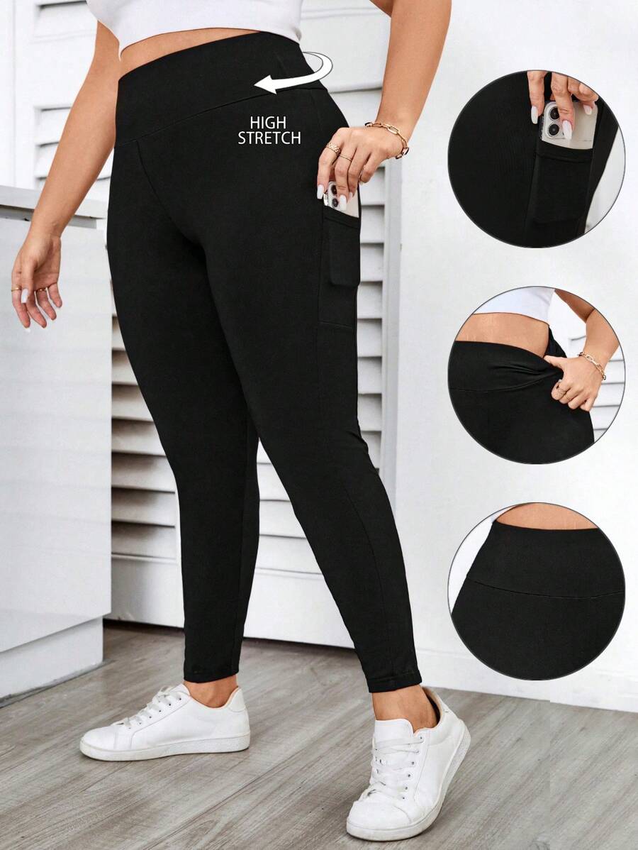 Elenzga Plus Size Solid Color Loose Waist Side Pocket Leggings Fall Cloth For Women - Black - View 1