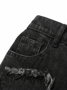 SHEIN 青少年男孩时尚休闲基本款黑色直筒牛仔裤，饰有装饰边，适合感恩节服装、日常穿着以及秋冬季穿着。 - 黑色 - 查看 6