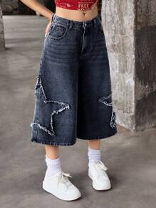 SHEIN Pantalones capri de mezclilla de ajuste holgado con aplicaciones de estrella de cinco puntas en colores neutros, estilo callejero vintage Y2K para niñas adolescentes - Azul lavado oscuro - Ver 3