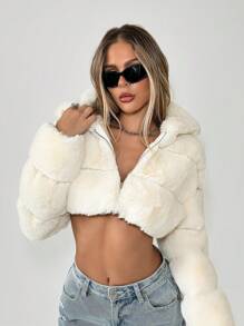 SHEIN ICON Lady's Short Fluffy Jacket, Party Style - Apricot - View 4