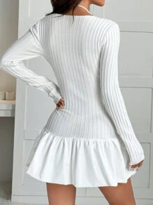 SHEIN EZwear Váy len dệt kim họa tiết hoa thanh lịch cổ tròn dài tay màu trơn cho nữ, mùa thu/đông - trắng - Xem 2