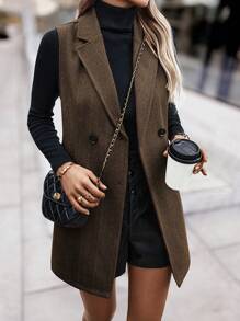 SHEIN Clasi 人字形雙排釦馬甲西裝外套 - 棕色 - 查看 3