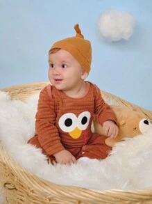 SHEIN Baby Boy Casual Cute Family Matching Everyday Adorable Turkey Expression Colorful Tail Embroidered Textured Fabric Warm Jumpsuit For Autumn Brown - Brown - View 5