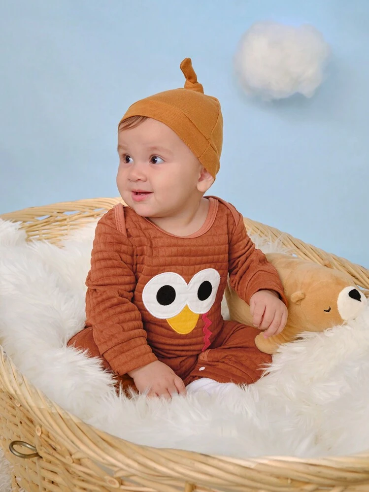 SHEIN جمبسوت صبي رضيع كاجوال يومية جميلة مطرزة بتصميم رأس ديك رومي بألوان منقوشة مناسبة للخريف/الشتاء، مناسبة لعيد الشكر - بني - مشاهدة 5