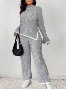 Celure Plus Size Women Casual Color Block Asymmetrical Hem Sweater And Knit Pants Set, Autumn/Winter