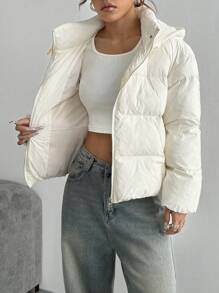 SHEIN Unity 女士休闲纯色厚冬季加厚棉服外套，连帽宽松，通勤百搭 - 白色 - 查看 6
