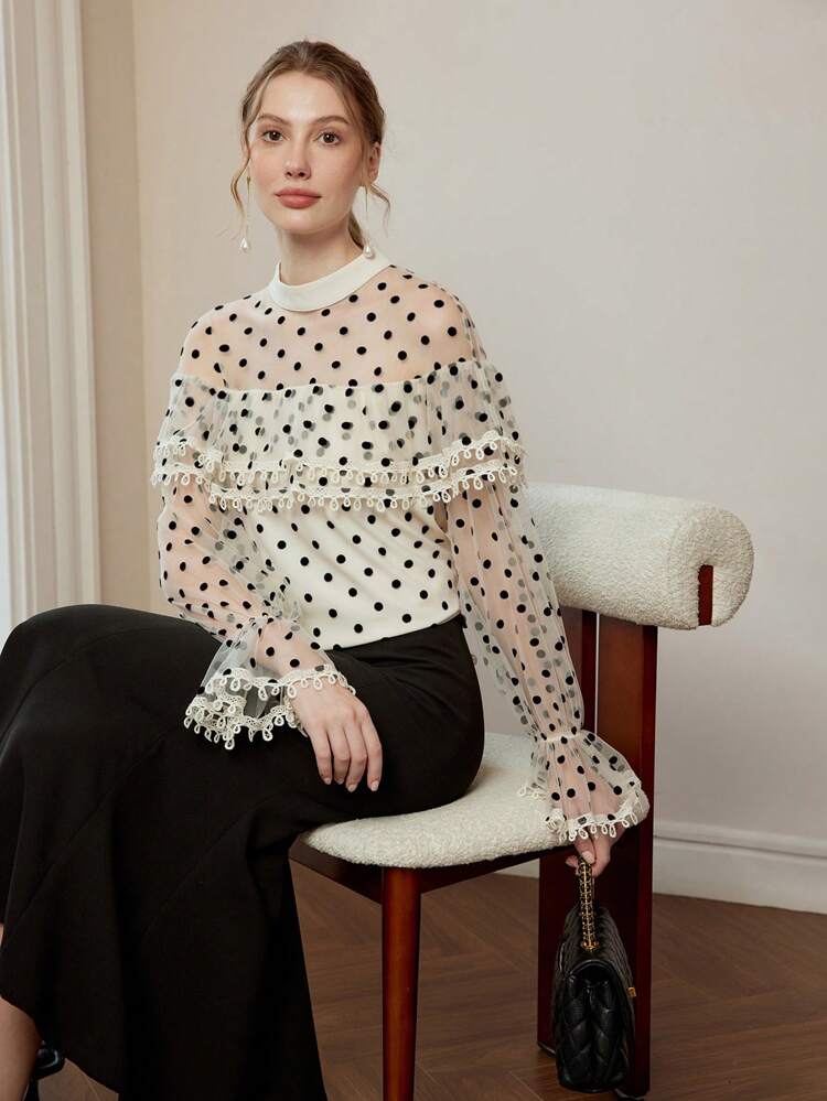 POLKA DOT MESH LACE TRIM FLARE SLEEVE