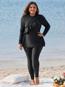 Swim Mulvari 3pcs Plus Size Ruffled Trim & Printed Fabric Burkini Set SummerArabic Clothing - Black - View 4