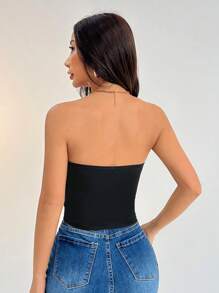 SHEIN PETITE 女士抹胸紧身休闲上衣适合运动（含胸垫） - 黑色 - 查看 2