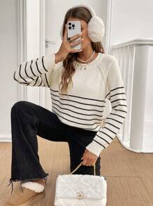 SHEIN Frenchy Suéter casual de cuello de tripulación a rayas con mangas raglán para mujeres, otoño e invierno