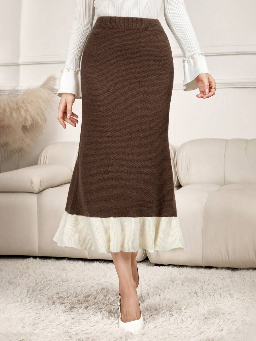 Modelyn Women's Elegant Contrast Color Ruffle Hem Fish Tail Knit Skirt ...