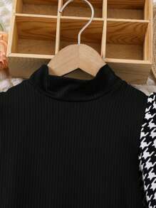 SHEIN Young Girl Houndstooth Print Stand Collar Long Sleeve Dress