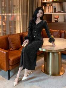DAZY 女士纯色V领长款亮片拼接蓬松长袖A字中长连衣裙，秋季保暖内衬连衣裙 - 黑色 - 查看 7