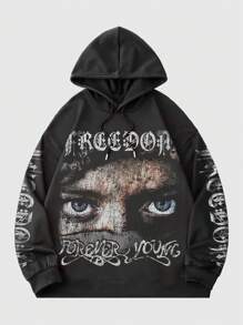 ROMWE MEN Street Life 男士复古肖像图案印花连帽衫，街头风格 - 黑色 - 查看 1