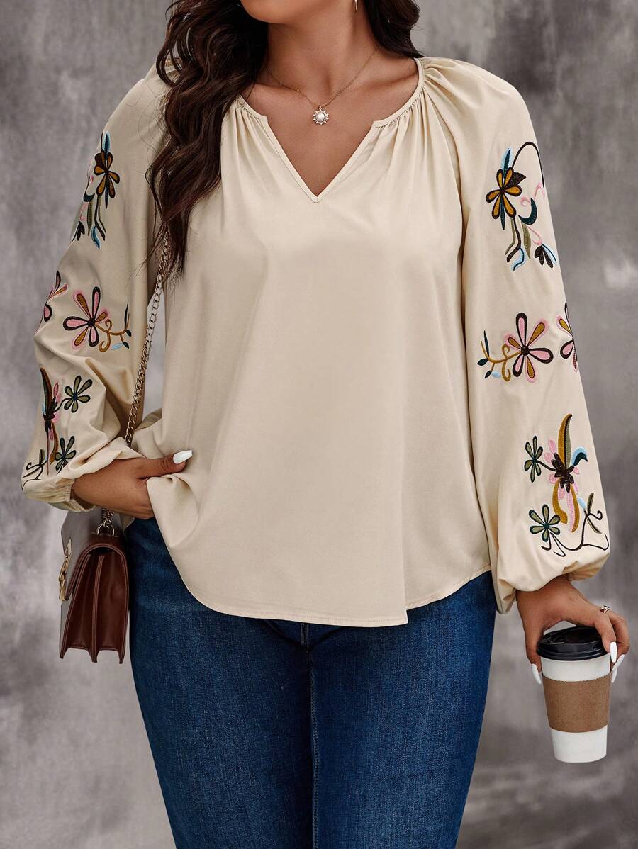 SHEIN LUNE Plus Embroidery Floral Pattern Lantern Sleeve Blouse - Apricot - View 1