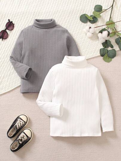 SHEIN 2件装男童纯色高领罗纹针织长袖T恤，休闲保暖T恤，秋冬季