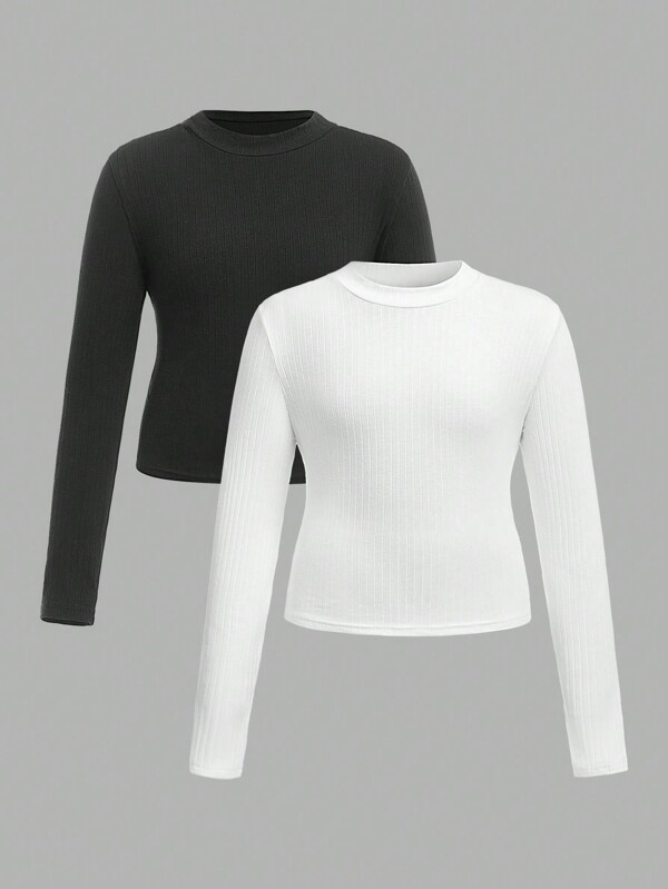 SHEIN 2 Stück Basis Lässig Crop Langarm T-Shirts für Tween-Mädchen