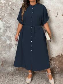 SHEIN LUNE Vestido casual de corte recto de manga corta con botones delanteros, talla grande, unicolor - Azul Marino - Ver 5