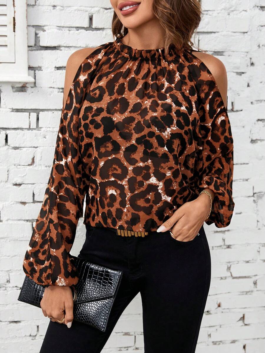 SHEIN Clasi Women's Leopard Print Off Shoulder Long Sleeve Casual Blouse, Spring Autumn - Rust Brown - View 1
