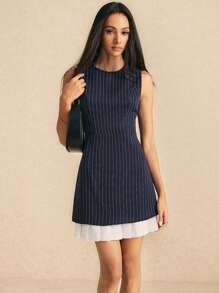 Poéselle Women's Navy Striped Contrast Hem Dress Work Dress