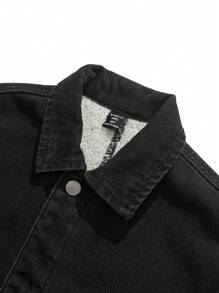 SHEIN 青少年男童时尚休闲复古黑色牛仔内衬保暖舒适翻领无袖夹克，适合感恩节、日常穿着以及秋冬季穿着。 - 黑色 - 查看 7