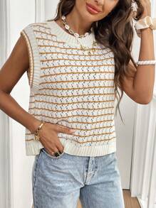 SHEIN Frenchy Chaleco de punto sin mangas con cuello redondo, espalda con lazo y diseño de rayas para mujer, casual para uso diario