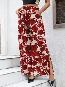 Breezaya Pantalones casuales con estampado completo y lazo delantero para mujer