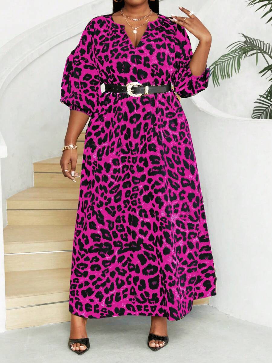 Maweii Plus Size Leopard Print Puff Sleeve Dress, Casual Daily Wear - Hot Pink - View 1