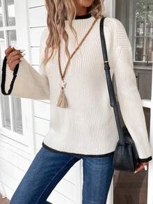 EMERY ROSE Women's Contrast Trim Crew Neck Long Sleeve Basic Sweater, Casual Everyday Wear Fall Women Outfits - White - View 3