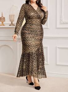 Modelyn Plus Size V-Neck Long Sleeve Leopard Print Casual Dress Long Evening Dresses