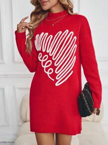 SHEIN LUNE Women's Heart Print Stand Collar Long Sleeve Short Sweater Dress - Red - View 4