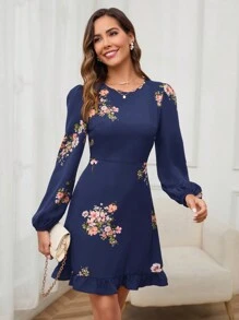 SHEIN Clasi Women's Floral Print Long Sleeve Crew Neck Dress