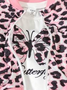 SHEIN 3 chiếc áo phông in họa tiết da báo và bướm cho bé gái và quần nỉ đan cùng áo khoác bomber tay dài trang phục thường ngày - Hồng - Xem 5