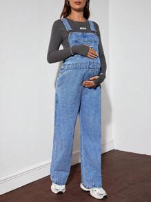 SHEIN Maternity Loose Fit Denim Bib Pants, Blue Women Mom Jeans Baggy Women Jeans,Baggy Vintage Jeans,Winter Women Pants Women's Casual Loose Wide-Leg Jeans - Blue - View 4