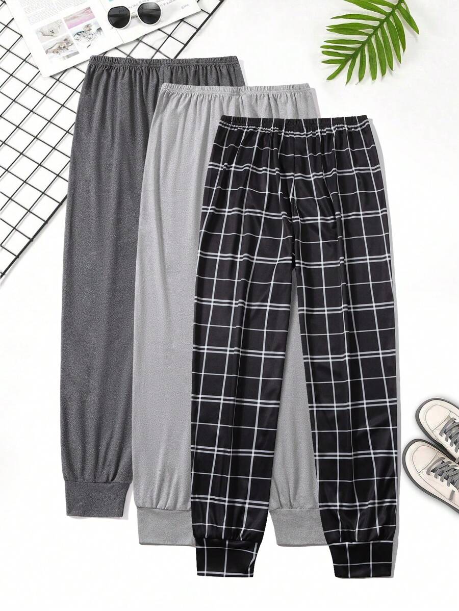 3pcs Set Men's Plaid + Solid Color Elastic Waist Lounge Pants