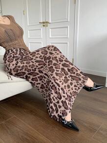 Modelyn Falda con estampado de leopardo por todas partes y cintura con lazo, uso casual para todos los días