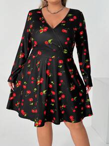 SHEIN CURVE+ Plus Size Women's Summer Garden Party Casual Cherry Blossom Print V-Neck Short Sleeve Dress With Loose A-Line Silhouette And Ruffle Hem